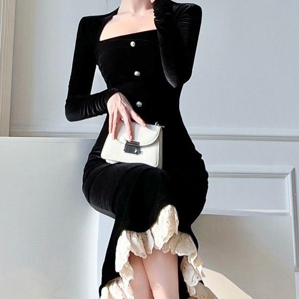 Винтажное бархатное черное облегающее платье, женское ретро кружевное платье с запахом, вечерние элегантные вечерние платья, облегающее модное весеннее платье