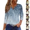 Women's Fashion Casual Flowers Print V-Neck Decorative Button Three-quarter Sleeve T-Shirt Top