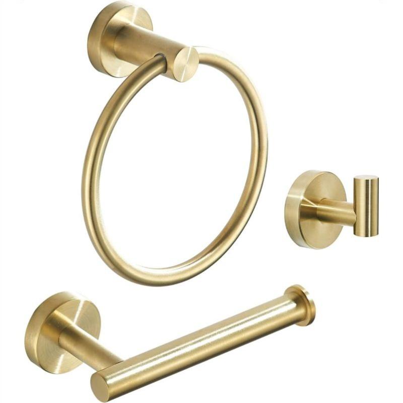 1set of Gold Bathroom Hardware Accessories, Hair + Gold Towel Ring Set, Including Bristle Gold Toilet Paper Holder.