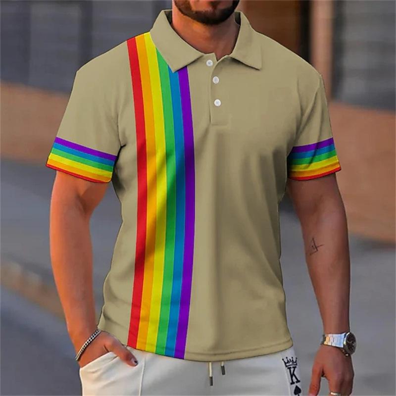 Casual short-sleeve polo with rainbow stripe details, trendy men's top.