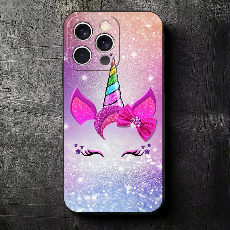 Pink Unicorn Rainbow Soft Phone Case for iPhone 16 16E 17 Air 15 Pro Max 14 Plus 13 Mini 11 12 7 Black Cover Back Shell