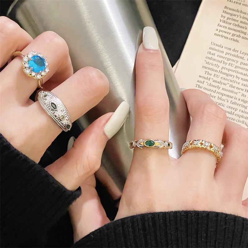 Medieval Gold French Retro Open Ring, High-End Light Luxury Inlaid Zircon Index Finger Ring, Niche Design Ring