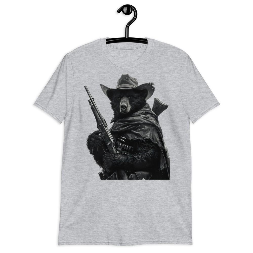 Black and White Cowboy Black Bear Rifle T-Shirt | Short-Sleeve Unisex Tee