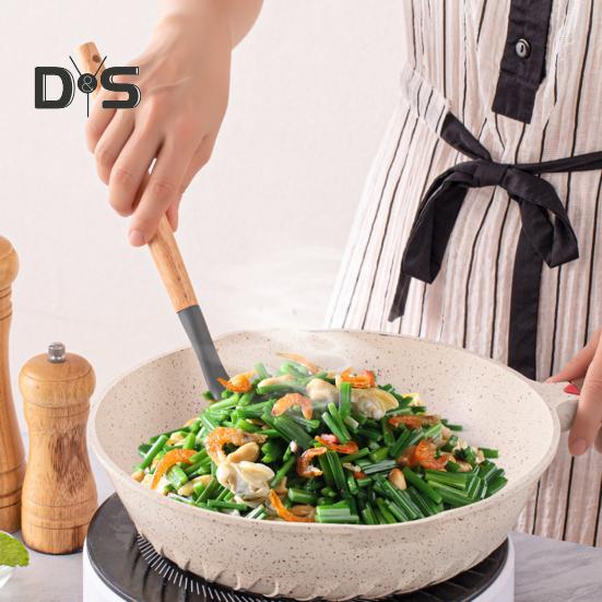 12 шт. силиконовый кухонный набор, лопатка, ложка, антипригарная жаропрочная кухонная утварь с деревянными ручками, ведро для хранения всей кухонной утвари