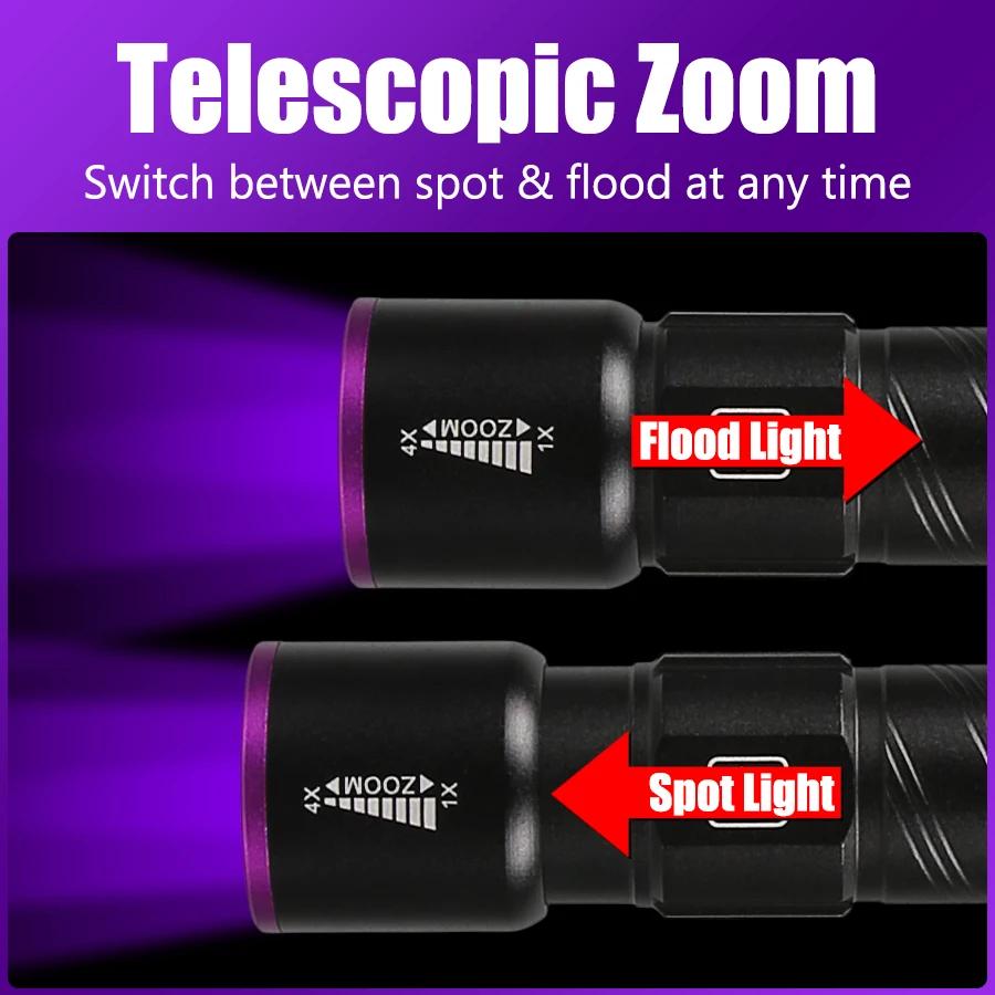UV Flashlight LED Ultraviolet Torch Zoomable Mini Ultra Violet Lights 395nm Inspection Lamp Pet Urine Stain Detector Tools