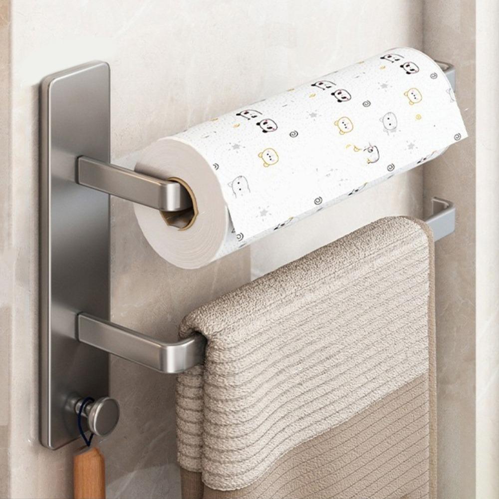 Carbon Steel Paper Towel Holder Wall Mounted Space Saving Cling Film Storage Rack No-Drill Towel Bar Rack Cabinet