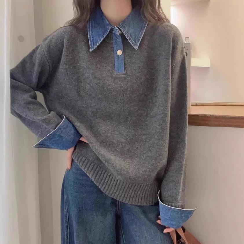 Women's Loose Polo Collar Denim Patchwork Two-Piece Sweater - Autumn Winter 2026 Knitwear Fashion Top