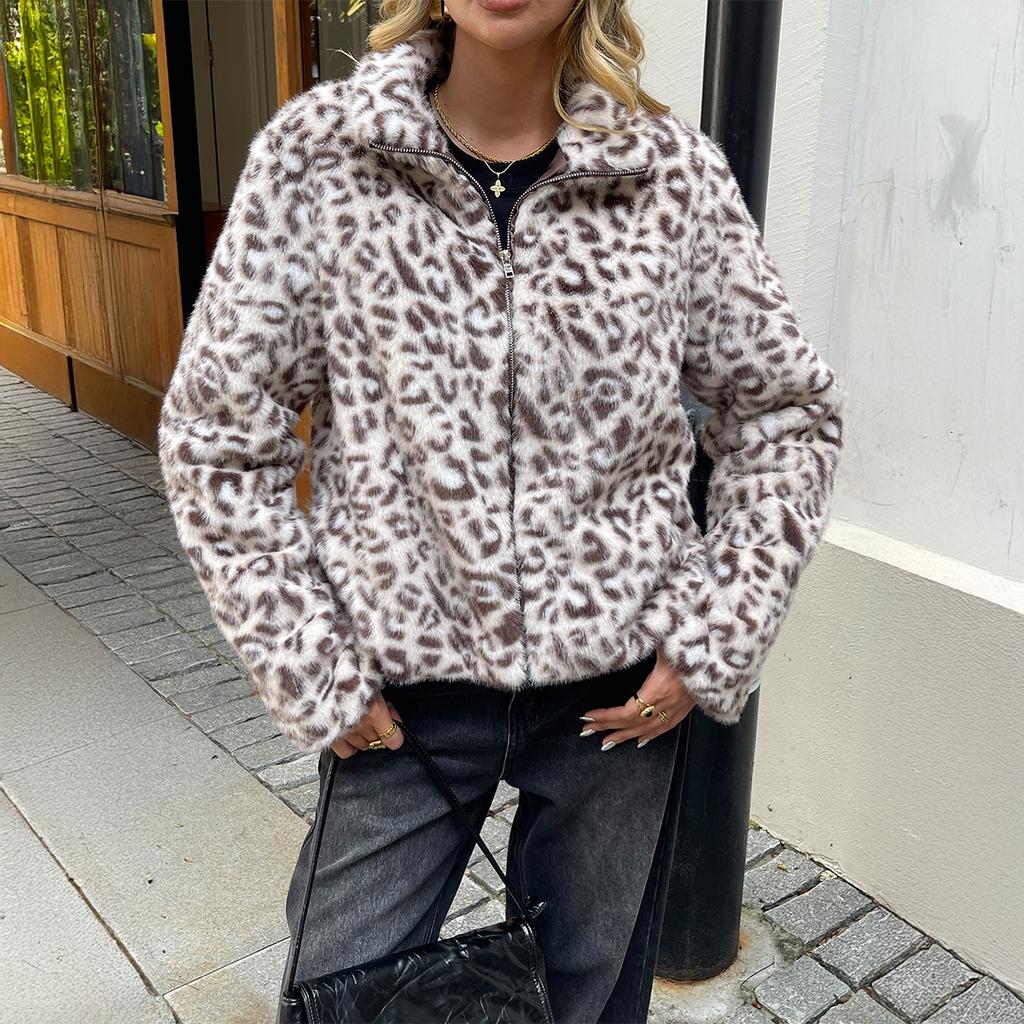 Kaikuo Трансграничное Европейское Элегантное Пальто-куртка с Леопардовым Принтом из Плюша с Длинным Рукавом Женское 2025 Осень и Зима