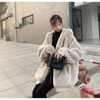Зимнее утепленное пальто с капюшоном из искусственного кроличьего меха для женщин, длинный топ в корейском стиле