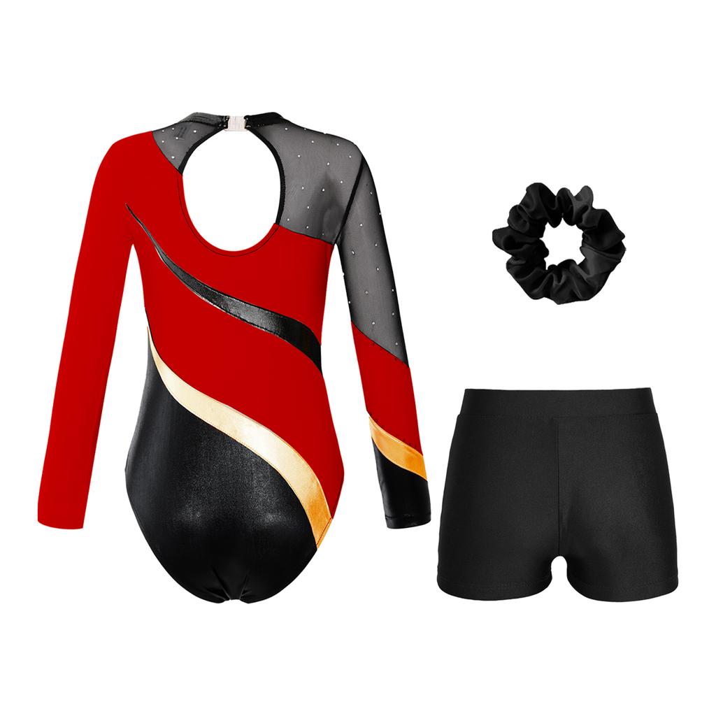 Комплект для выступлений по гимнастике для девочек, леотард с длинным рукавом, блестящими стразами и лоскутным дизайном, V-образным вырезом, поясом на талии, шорты, повязка для волос