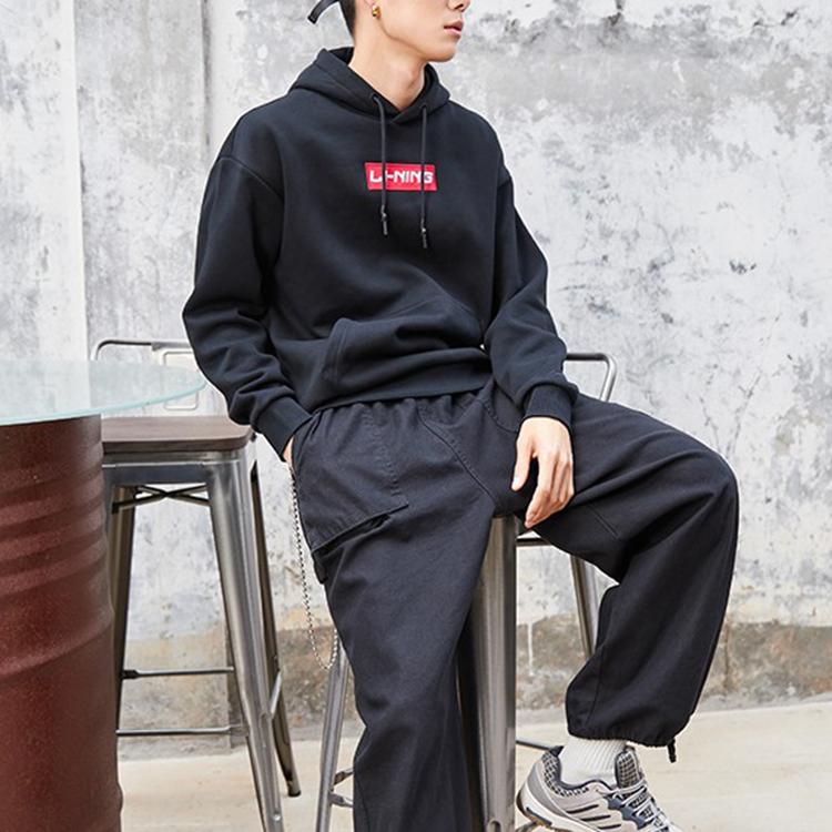 Li Ning Sports Fashion Series вышитый логотип свободная флисовая толстовка с капюшоном унисекс толстовка черная AWDRC33-2