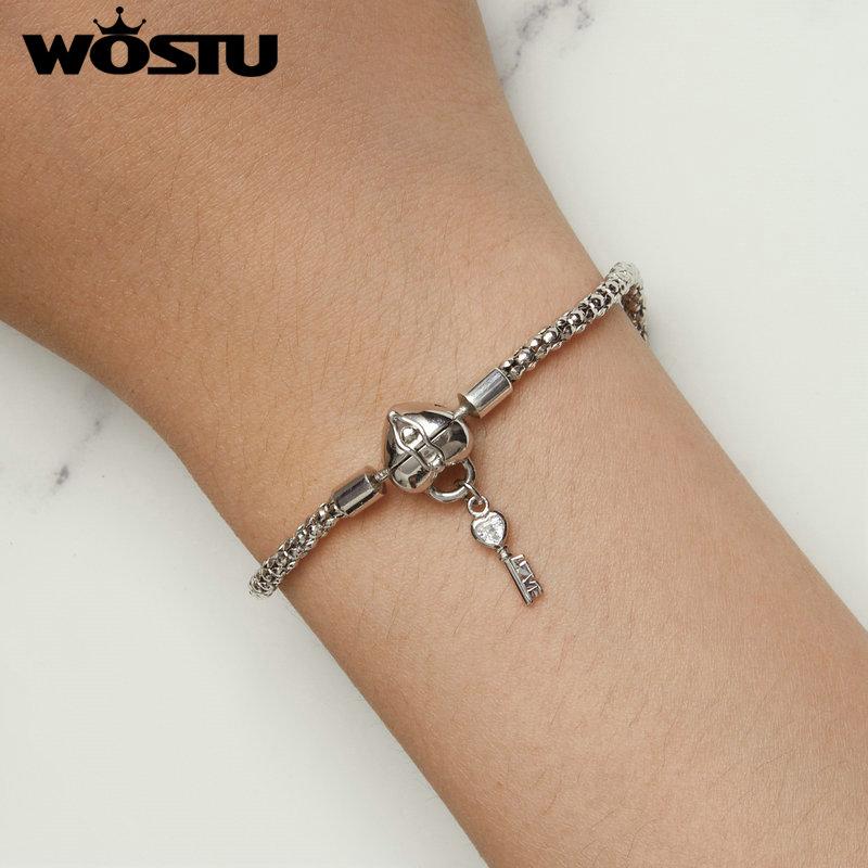 WOSTU Solid 925 Silver Heart Lock Key Basic Chain Bangle Bracelet For DIY Charm Beads Snake Chain Links Jewelry Gift