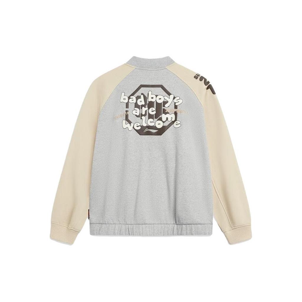 Li-Ning Anti-Five Series American Retro Color Block Embroidered Cardigan Knit Sports Baseball Jacket Men Jackets Flower-Gray Fog Khaki AJDT625-1