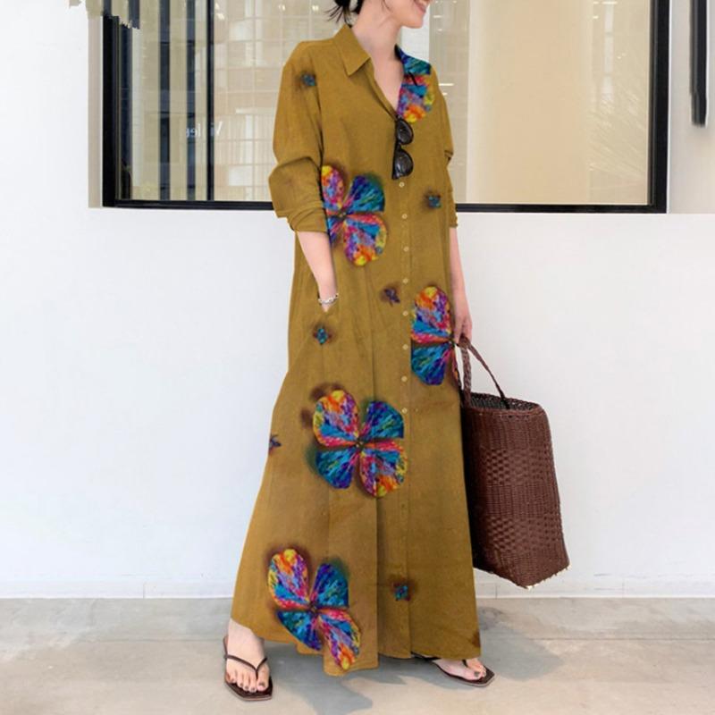 Printed Lapel Long Sleeve Insert Pocket Simple Loose Art Casual Long Shirt Dress