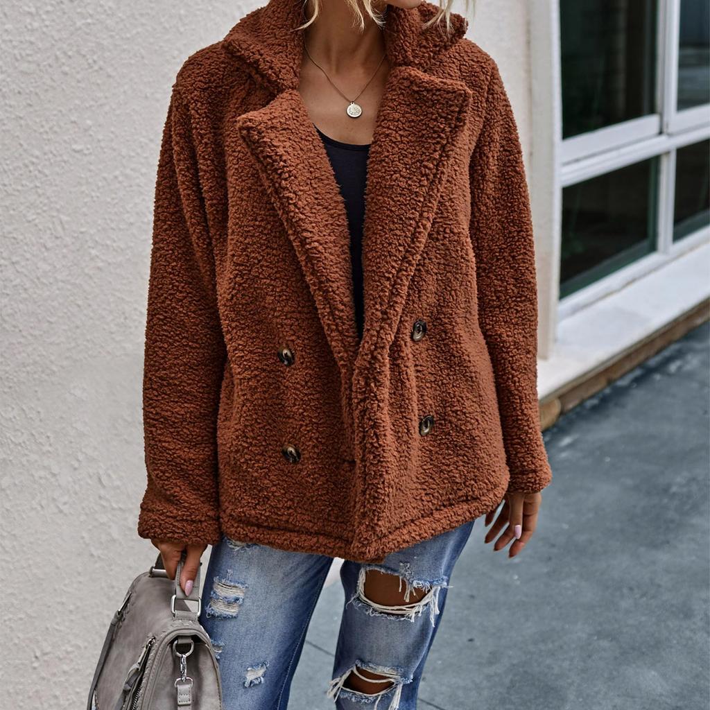 Женская куртка с длинными рукавами, зимнее плюшевое пальто с лацканами и двойной пуговицей