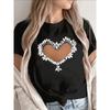 Европейский Размер Элегантная Черная Футболка с Коротким Рукавом, Вырезом-Сердечком и Деталями из Страз - Легкая Эластичная Блузка с Круглым Вырезом для Повседневной Носки