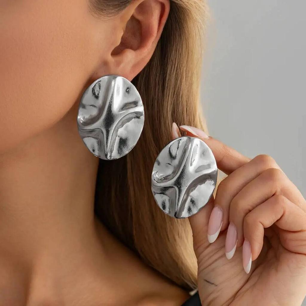 IngeSight.Z Classic Vintage Ellipse Texture Stud Earring for Women Personality Minimalism Piercing Metal Ear Accessory Jewelry