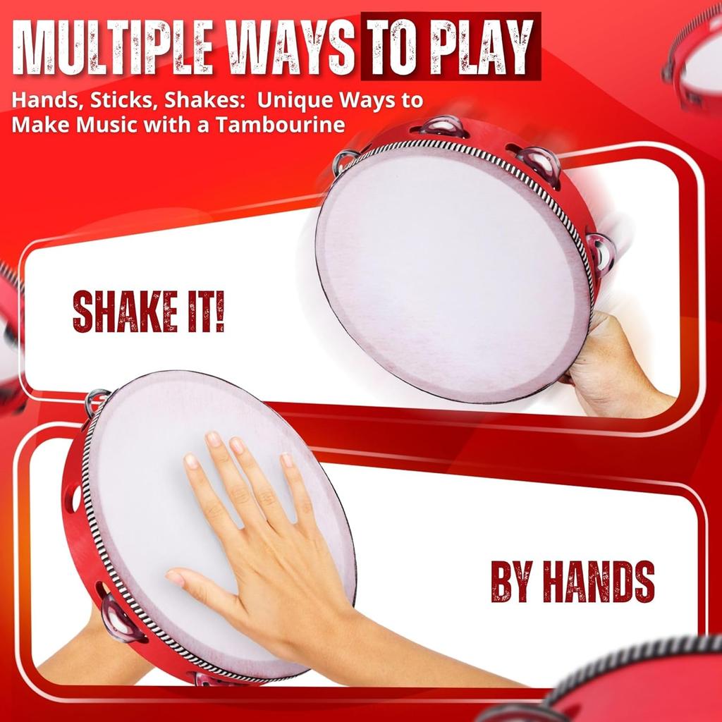 Wooden Round Tambourine 4/6/7/8/10 Inch Single Row Jingles Red Handheld Percussion Instrument for Beginner Tambourine Player