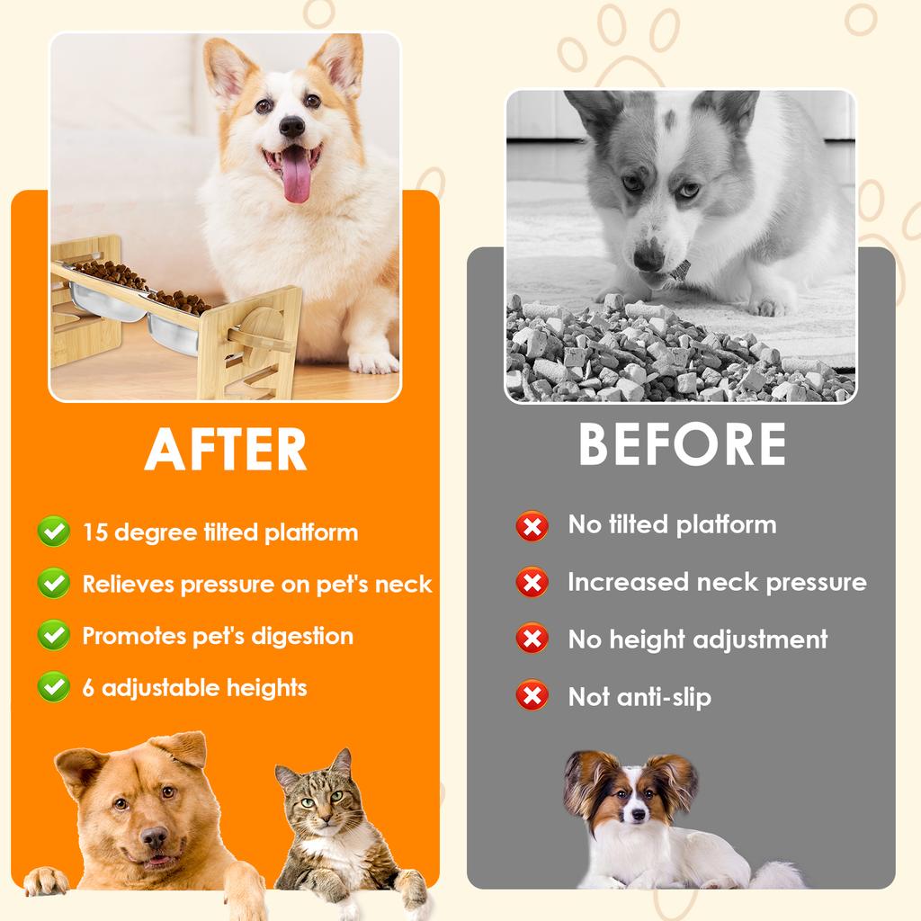 Миски для собак с регулируемой высотой, с 2 мисками для еды и воды из нержавеющей стали, бамбуковая подставка, дерево, для домашних животных, для маленьких, средних и больших собак