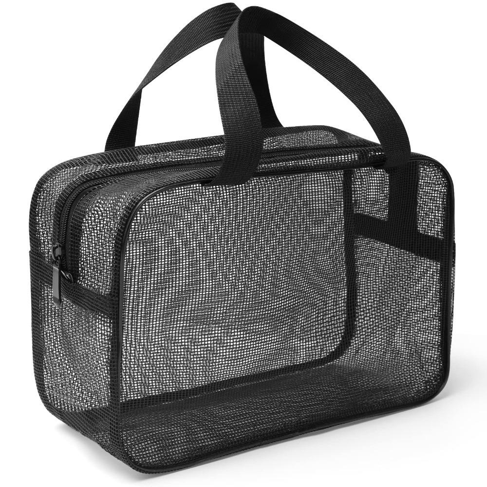 Portable Grey Blue Mesh Shower Bag Mesh Beach Makeup Handbag Leaking Water Foldable Gym Tote Bag Bathroom Shower Organizer