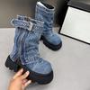 Fashion 2025 Designer Denim Women Ankle Boots Fashion Elegant Side Zippers Belt Buckle Shoes Thick Heel Women's Morder Short Booties