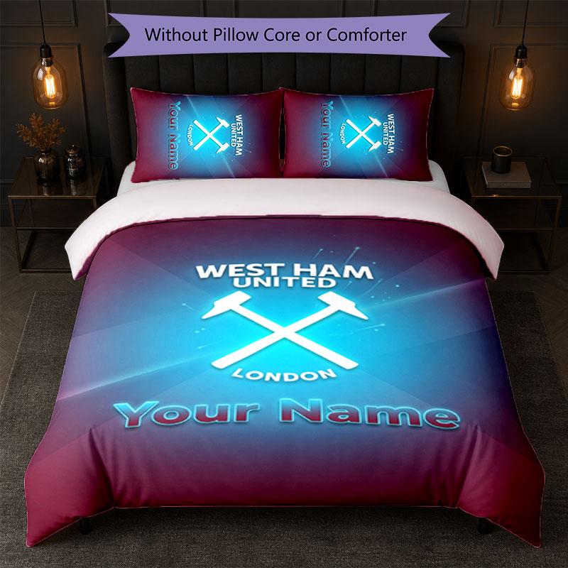 West Ham United FC Custom Name Text Bedding Set 1 Duvet Cover+2 Pillowcases Soccer Logo Personalized Gift For Special Occasion Bedroom Decor
