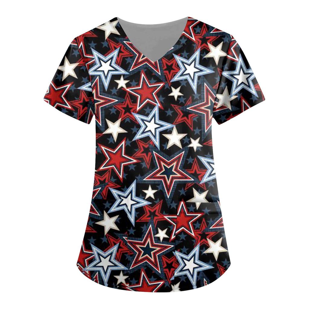 Women's Independence Day Print Short Sleeve V Neck Top Work Pocket Shirt