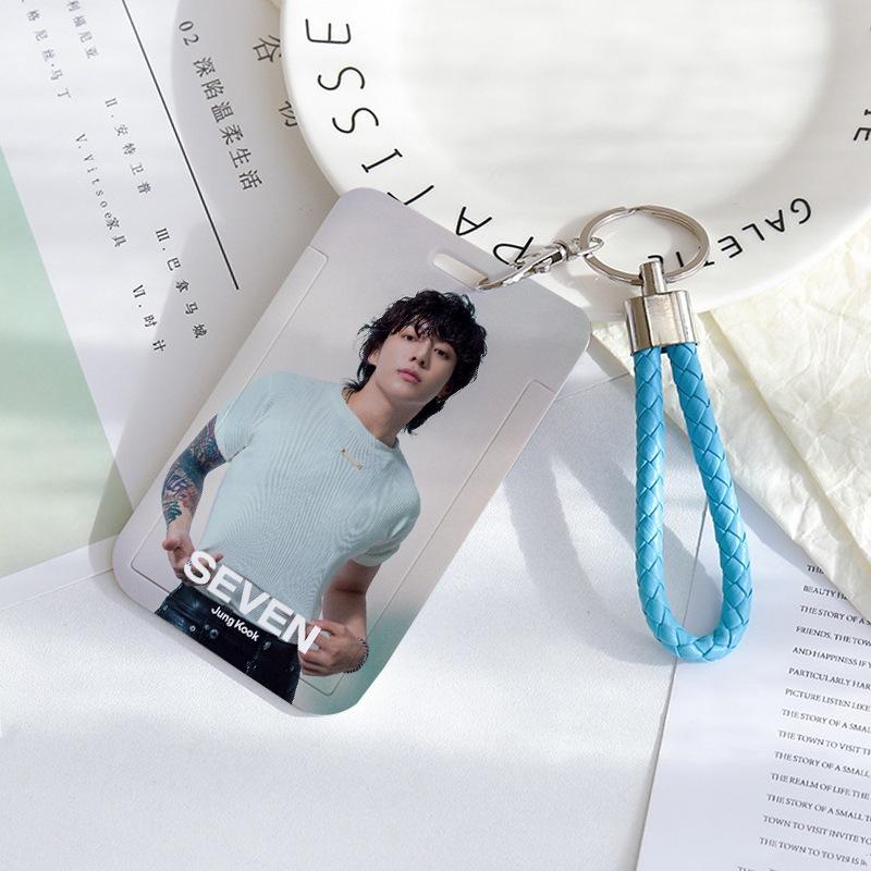 BTS Sliding Photocard Holder, Protective ID Badge Card Case with Braided Keychain Strap, Student Campus Bus Meal Card Protector Merch for ARMY