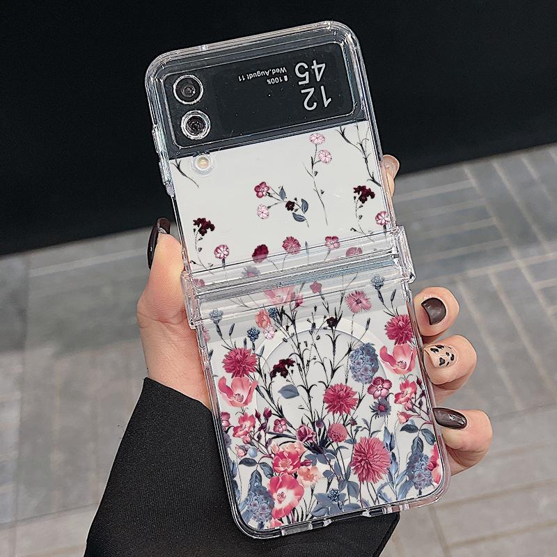 Для Magsafe Magnetic 3PCS Case для Samsung Z Flip6 Flip5 Flip4 ударопрочный цветной цветочный узор прозрачный ПК жесткий тонкий чехол для телефона чехол