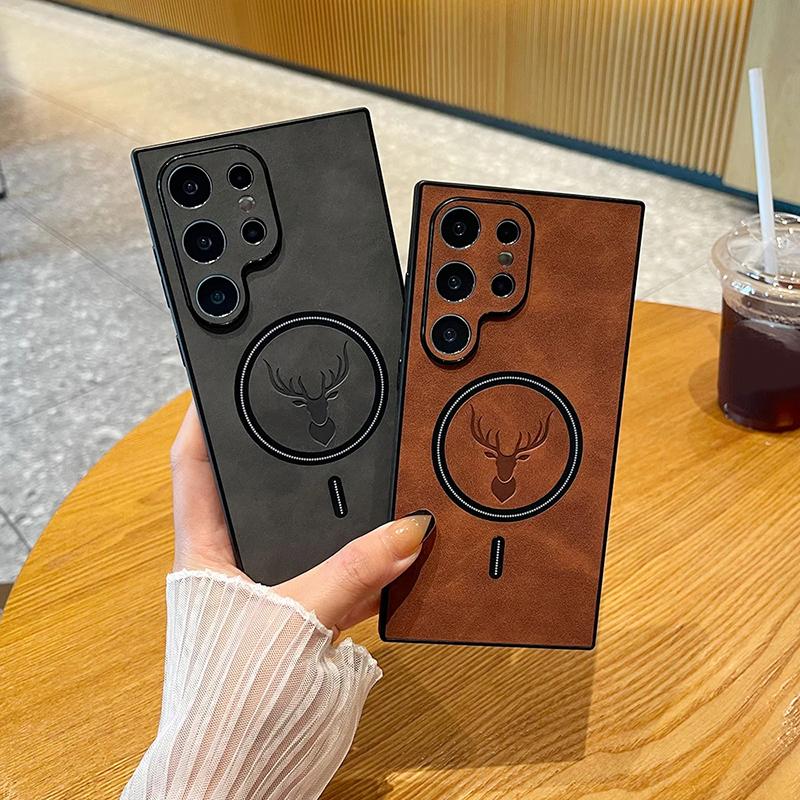 Роскошный кожаный чехол для телефона с магнитной беспроводной зарядкой для Samsung Galaxy S24 S23 S22 S21 Plus Ultra Cover Elk Deer Shell