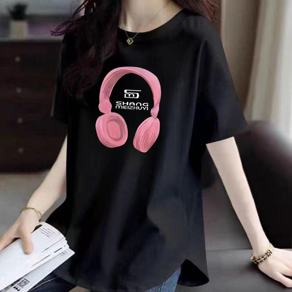 Pure Cotton Front Shoulder Short-sleeved T-shirt for Women's Summer New Korean Style Loose and Fashionable Printed Curved Hem Cover Top