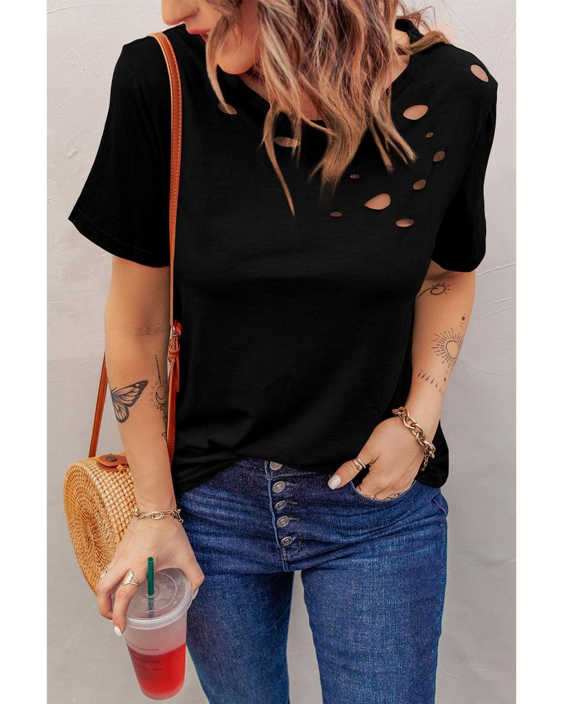 Azura Exchange Футболка из смешанного хлопка с круглым вырезом и дырками