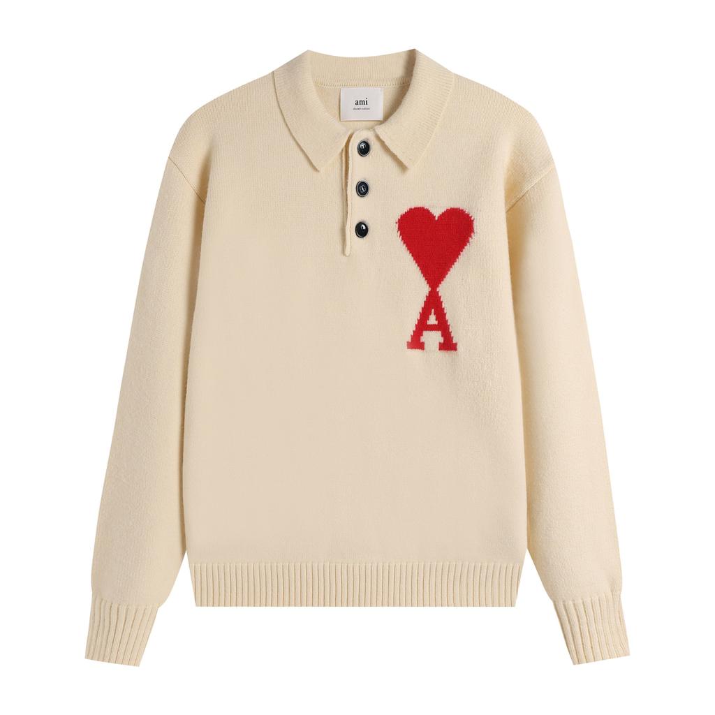 AMI New Polo Collar Knitted Sweater Jacquard Love Couple Woolen Sweater