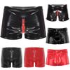 Mens Glossy Leather Boxer Shorts Elastic Waist Zipper Crotch Opening Button Closure Fancy Underwear Nightwear