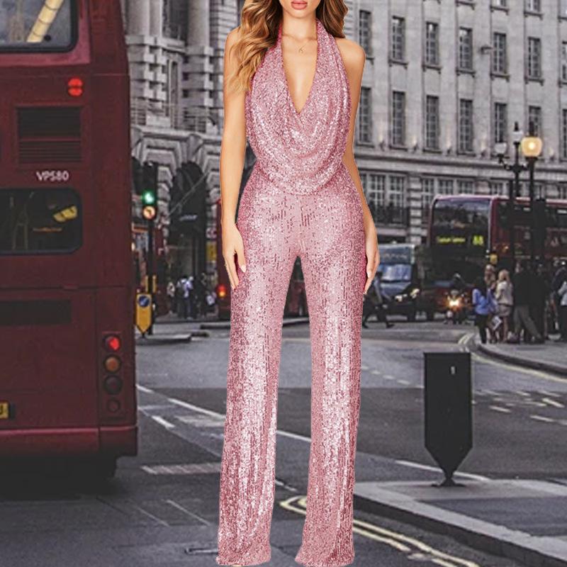 Летний комбинезон без рукавов с бретелью через шею и пайетками 2025 года для женщин