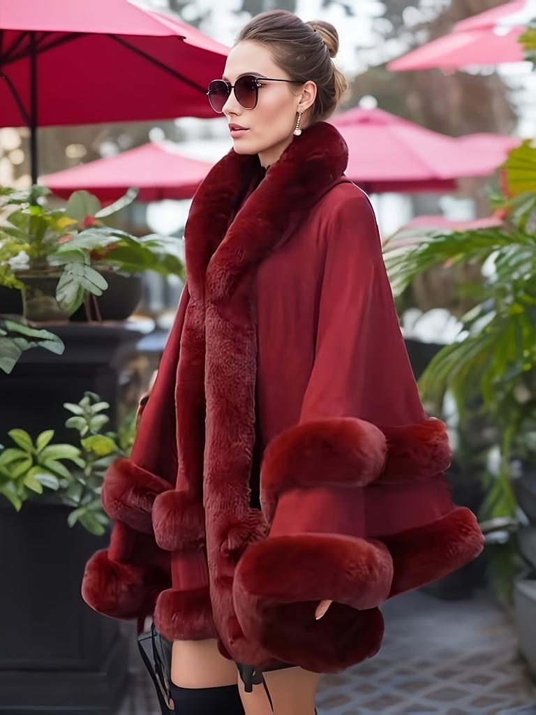 Women 2 Circle Faux Rabbit Fur Cape Poncho Winter Loose Warm Shawl Outerwear Cashmere Cloak Overcoat
