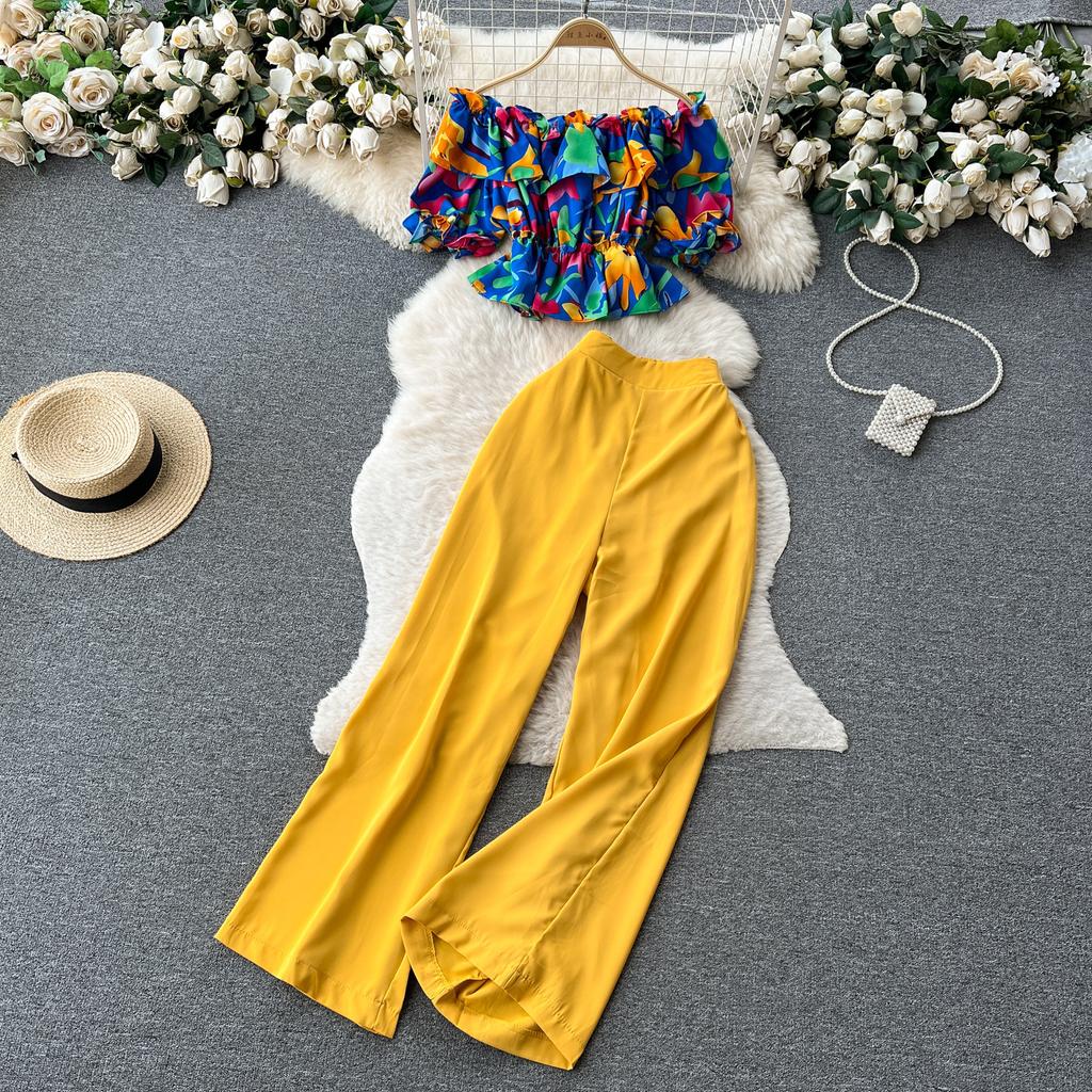 Модный французский костюм-рубашка на одно плечо с оборками и цветочным принтом, женский тонкий широкий брючный костюм с высокой талией