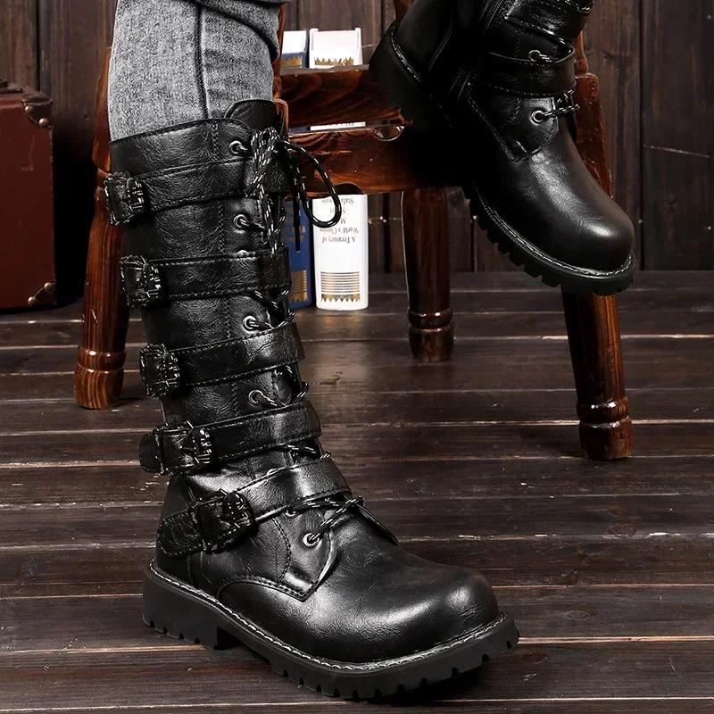 Fashion Large Size Men's Leather Motorcycle Boots Mid-calf Combat Boots Gothic Belt Punk Boots Men Shoes Tactical Boot 2025