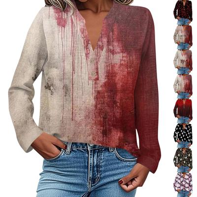 Женская модная и повседневная рубашка с длинным рукавом, V-образным вырезом, на пуговицах, с принтом, блузка, топ