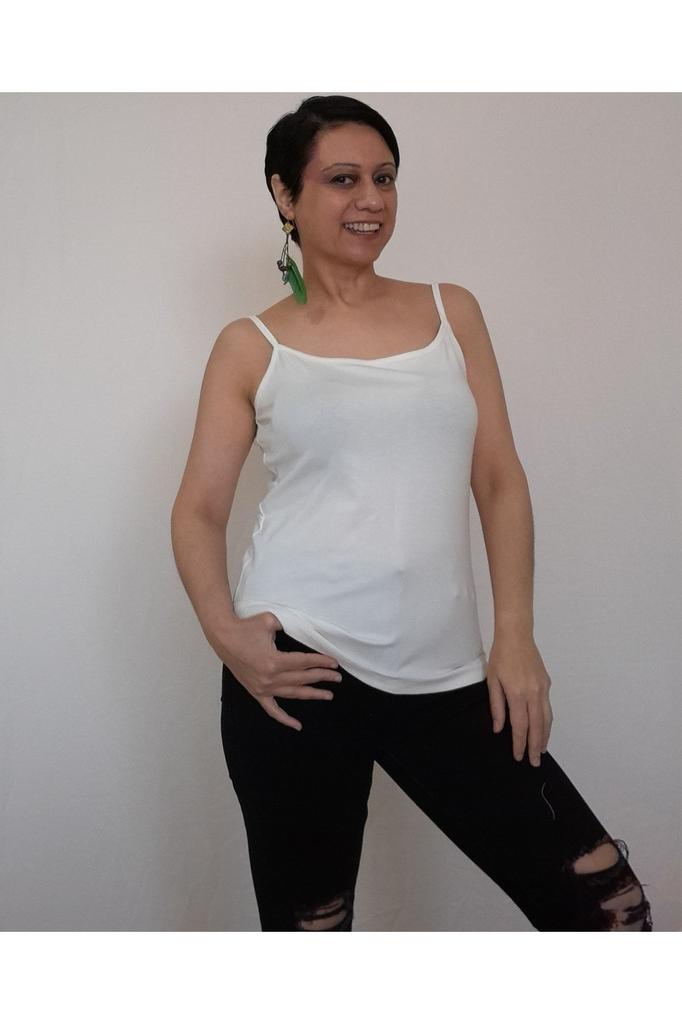 Women's Style Big Size T-Shirt Off-White (Ecru) Combed Cotton Viscose T-Shirt With Thread Strap