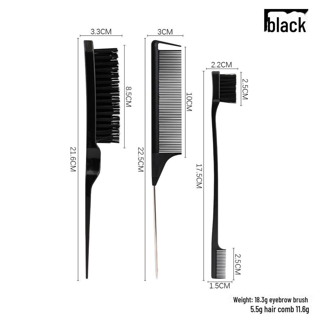3-Piece Hair and Brow Styling Set: Teasing Brush, Edge Brush, Steel Needle Tail Comb, Dual-Headed Eyebrow Brush