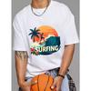 Белая футболка для серфинга с принтом серфинговой волны, пальмы, заката и цветов для пляжного отдыха, летних мероприятий на открытом воздухе