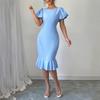 Женские облегающие платья с короткими пышными рукавами, платье миди с круглым вырезом и оборками, юбка «русалка», коктейльное платье для гостьи на свадьбу