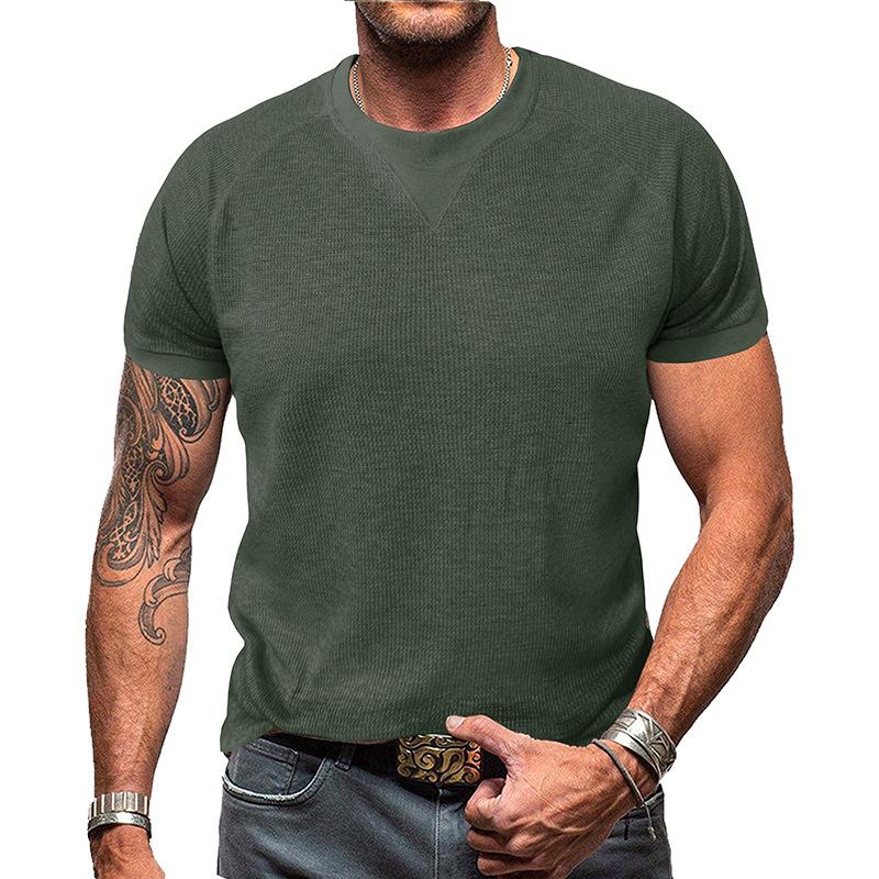 Men White Waffle Knit Crew Neck Short Sleeve T-Shirt Casual Solid Top