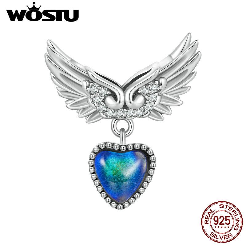 WOSTU 925 Sterling Silver Wing Guardian Emotion Stone Charm Beads for Bracelet DIY Jewelry