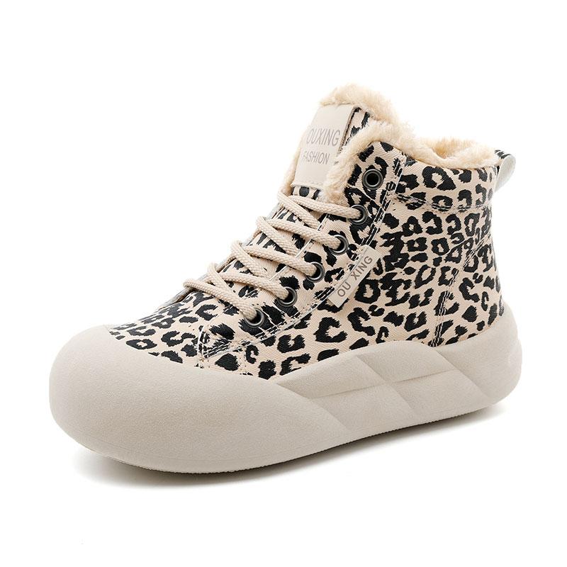 TUINANLE Winter Plush Casual Platform Shoes Woman Sneakers Slip On Shoes Women Flock Leopard Print Chunky Sneakers