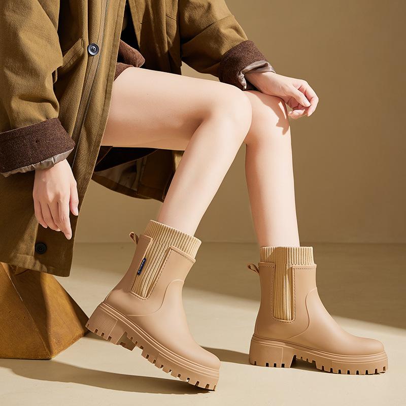 Сапоги из непромокаемой ткани женские, всесезонные, модные, для отдыха на открытом воздухе, средней высоты, водонепроницаемые, нескользящие, резиновые, модные, с хлопковым покрытием