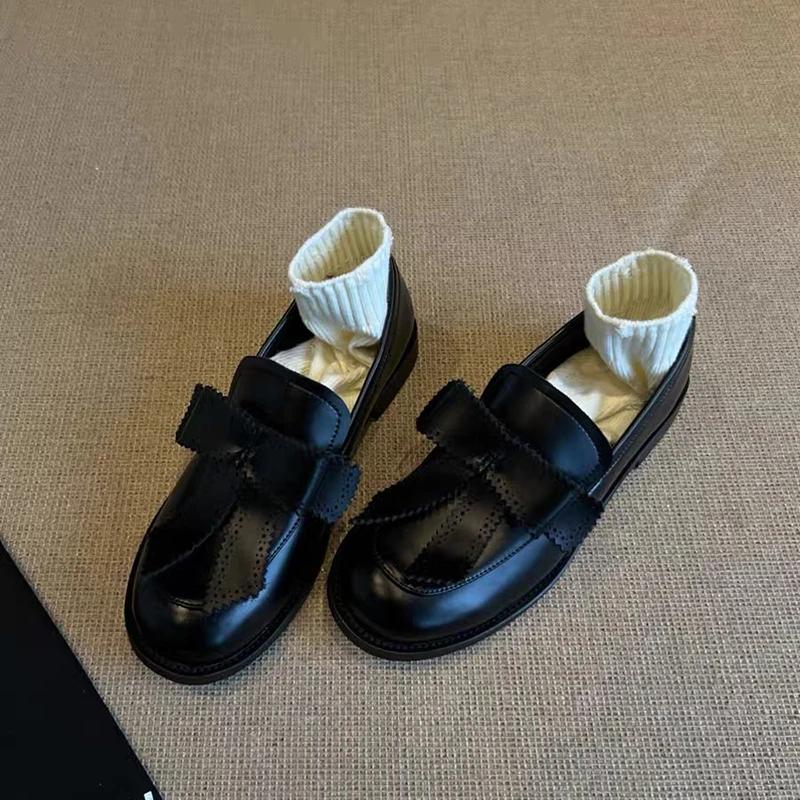 2025 весна и осень новая британская мода туфли лоферы с круглым носком и толстым бантом повседневные модные удобные слипоны