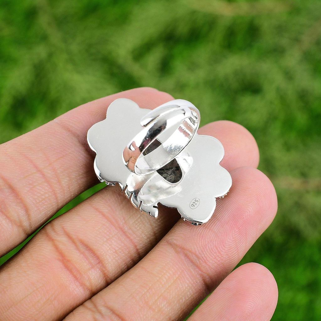 Natural Black Rutilated Quartz Flower Adjustable Ring 925 Silver For Girls