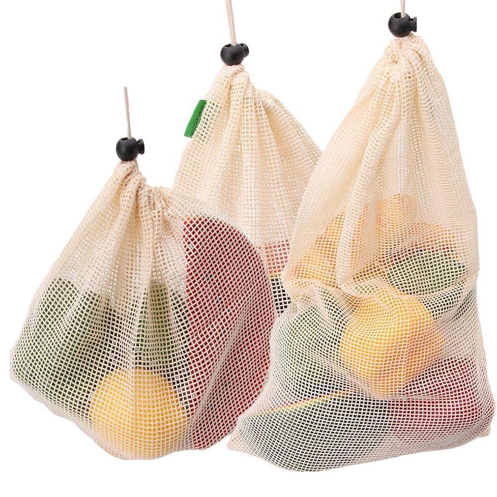 5Pcs Portable Cotton Mesh Vegetable Bags Drawstring Vegetable Container Home Bundle Pocket Toys